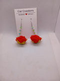 Boucles d'oreilles pendantes rose rouge, perles roses et anneaux argentés