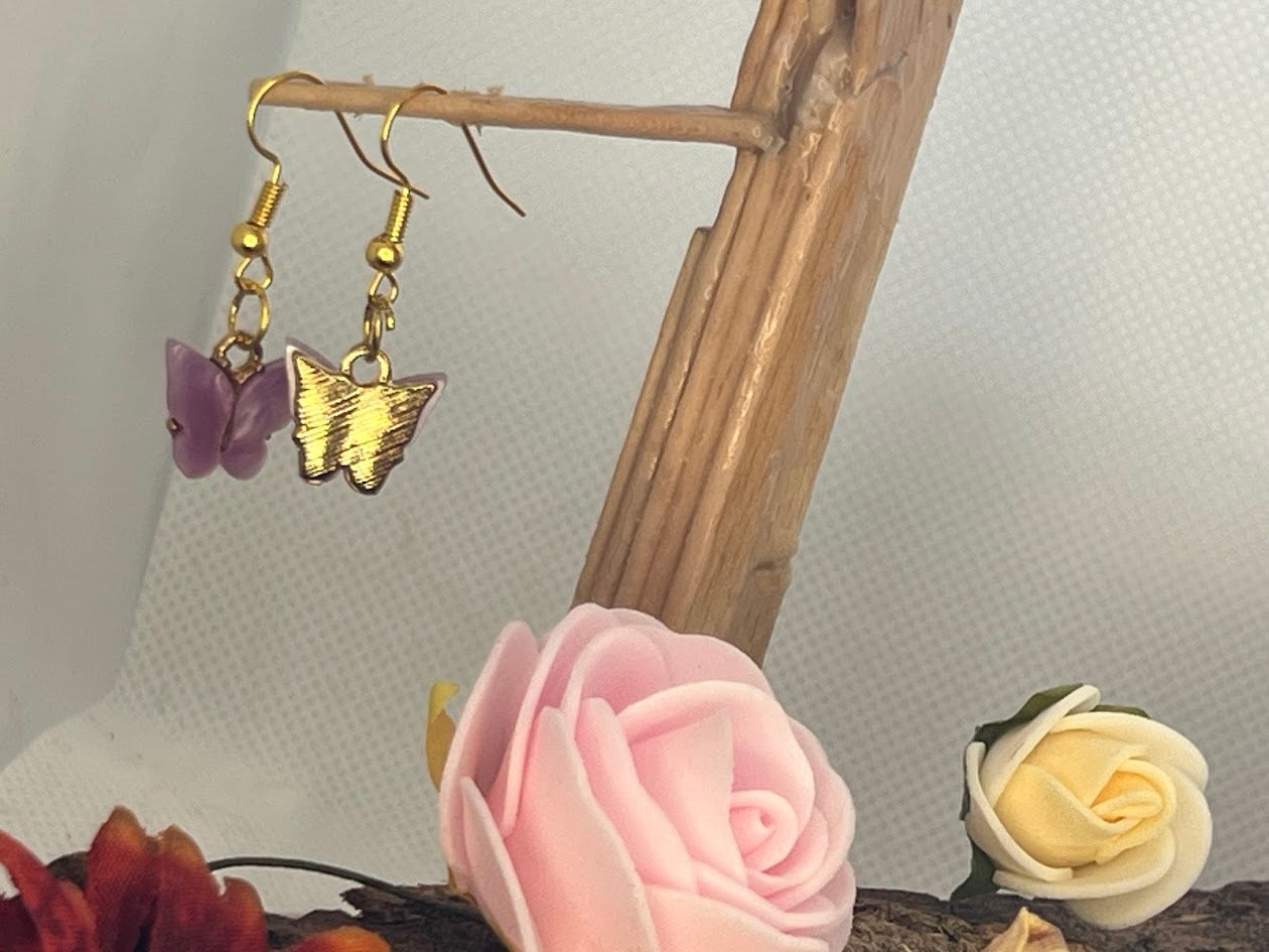 Boucles d'oreilles Pendantes Papillon Fuchsia et Violet — Fait Main